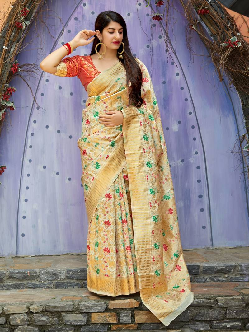 Beige woven banarasi saree with blouse