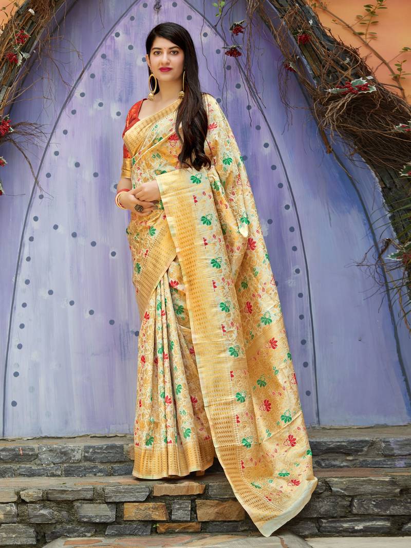 Beige woven banarasi saree with blouse