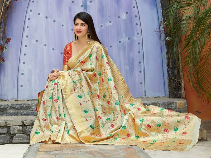 Beige woven banarasi saree with blouse