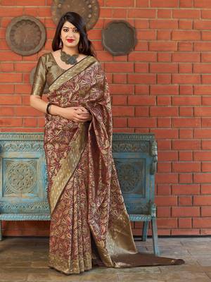 Brown woven banarasi silk saree with blouse 1