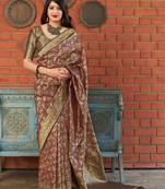 Brown woven banarasi silk saree with blouse