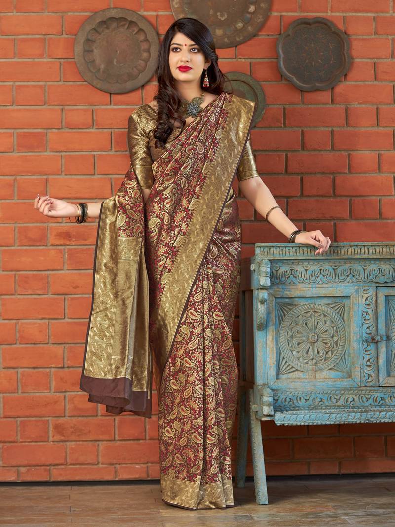 Brown woven banarasi silk saree with blouse