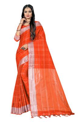 Rust Woven Linen Saree With Blouse 1