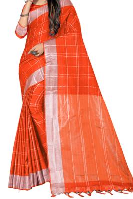 Rust Woven Linen Saree With Blouse 2