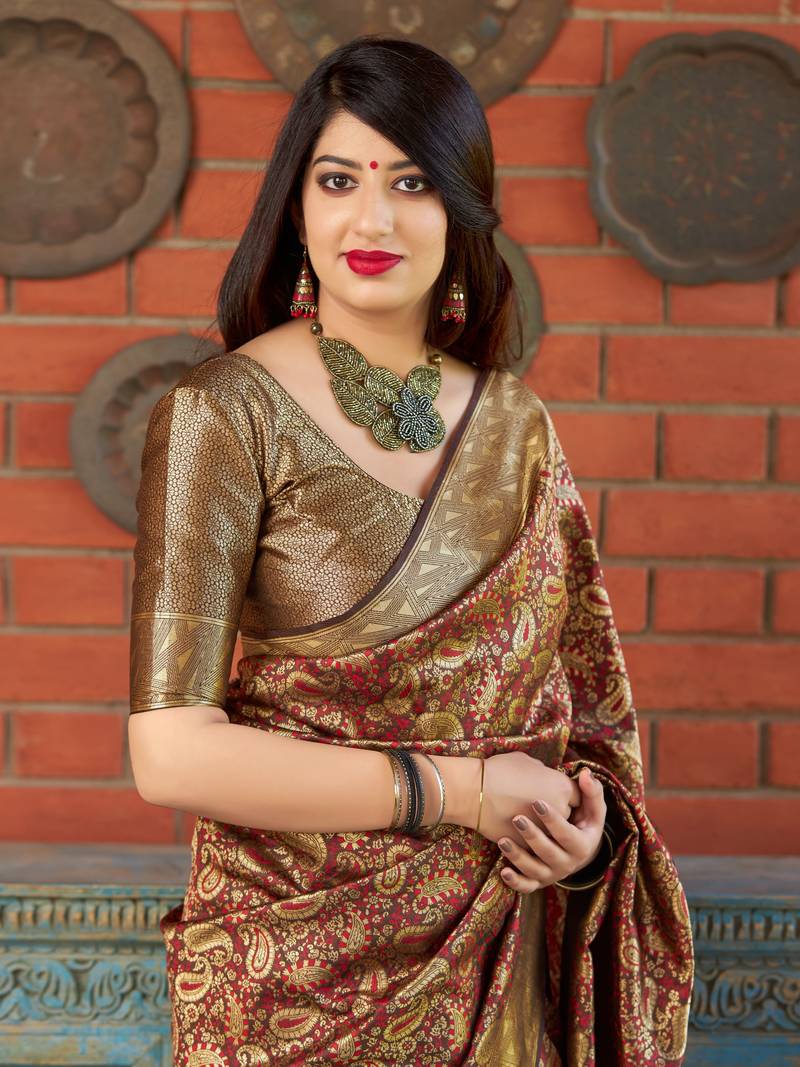 Brown woven banarasi silk saree with blouse