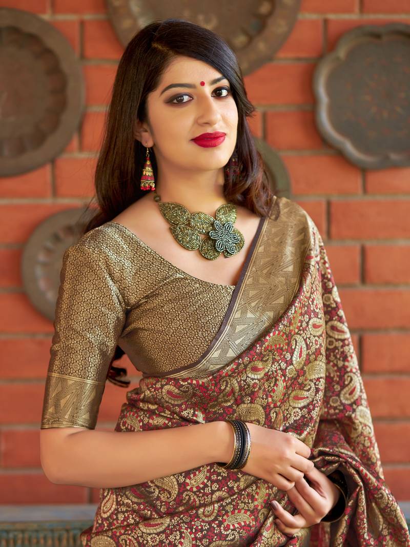 Brown woven banarasi silk saree with blouse