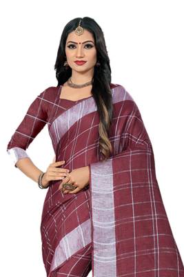 Brown Woven Linen Saree With Blouse 3