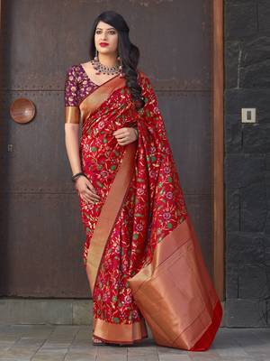 Red woven banarasi silk saree with blouse 1