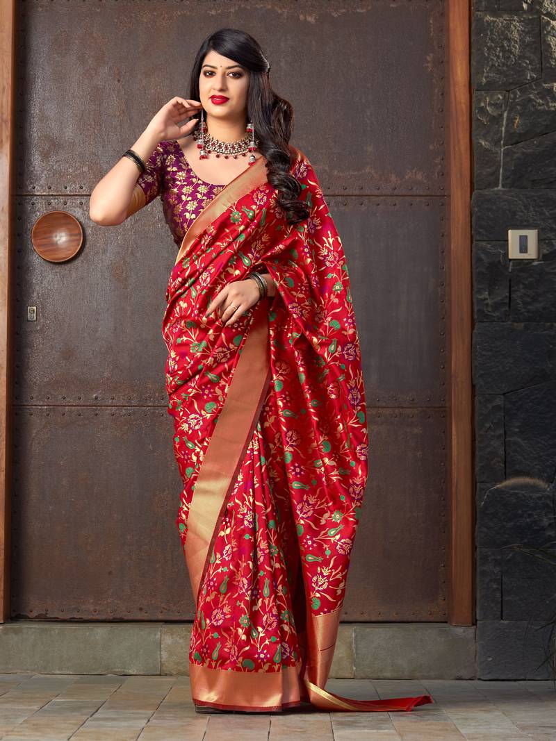 Red woven banarasi silk saree with blouse