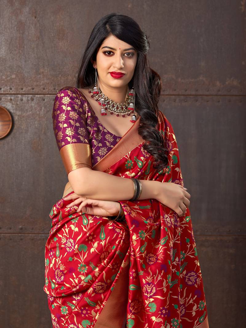 Red woven banarasi silk saree with blouse