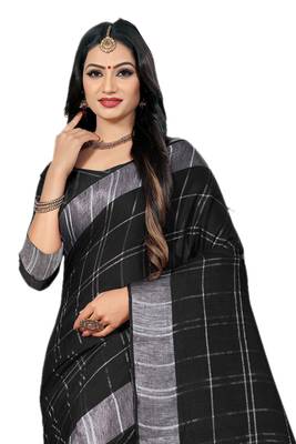 Black Woven Linen Saree With Blouse 3