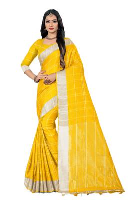 Yellow Woven Linen Saree With Blouse 1