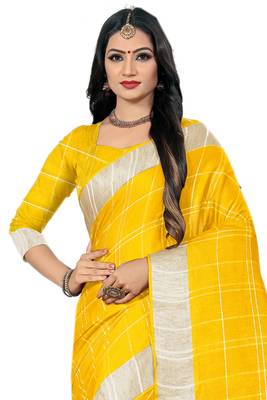 Yellow Woven Linen Saree With Blouse 3