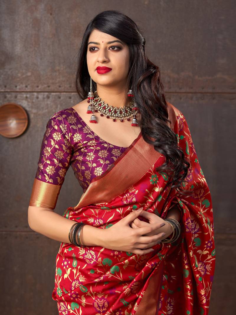 Red woven banarasi silk saree with blouse