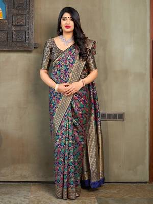 Blue woven banarasi silk saree with blouse 1