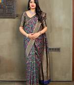 Blue woven banarasi silk saree with blouse