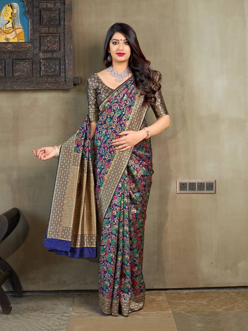 Blue woven banarasi silk saree with blouse