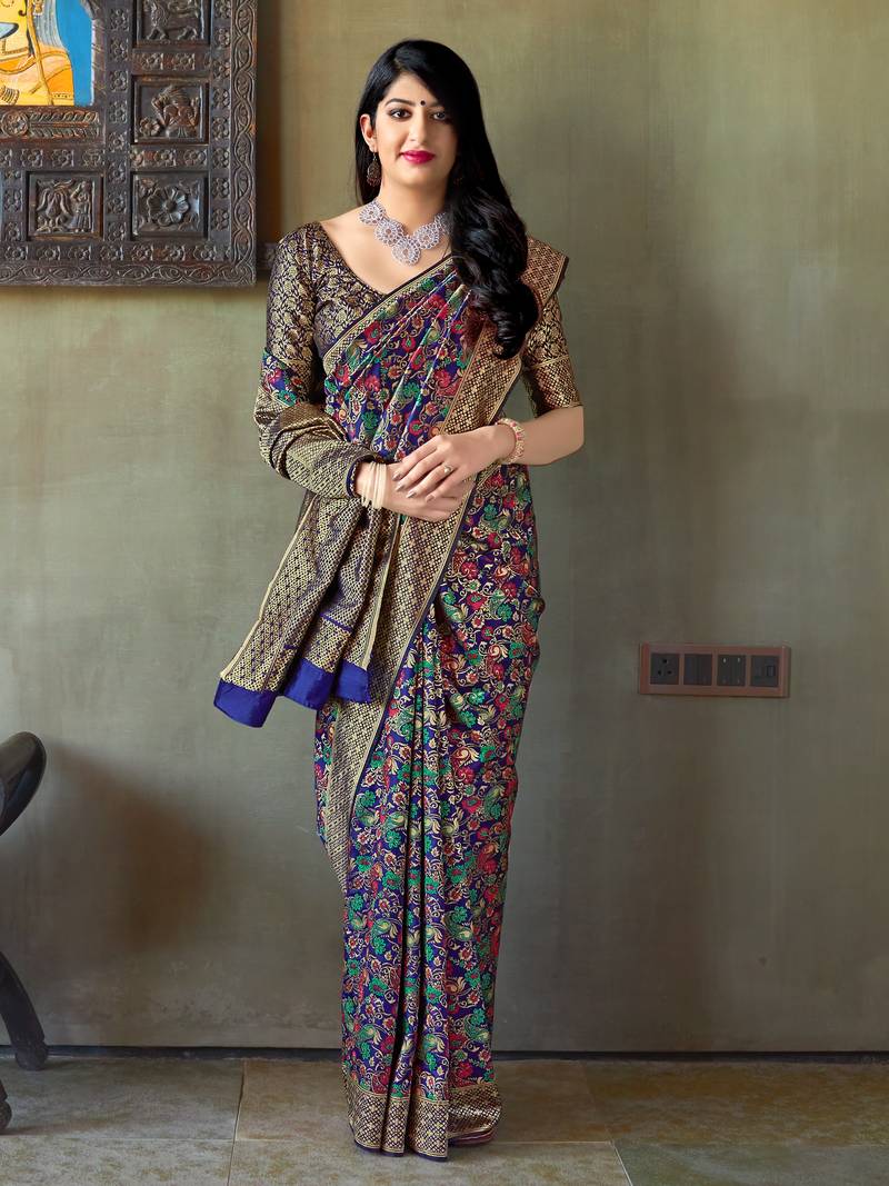 Blue woven banarasi silk saree with blouse