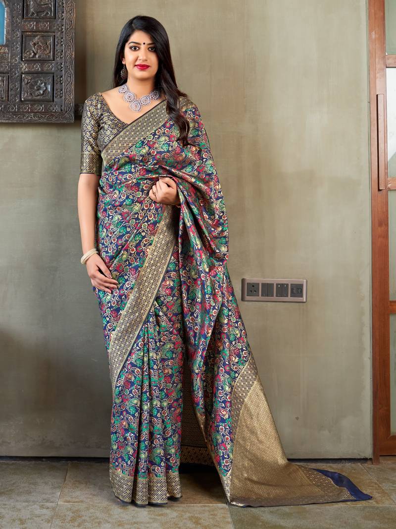 Blue woven banarasi silk saree with blouse