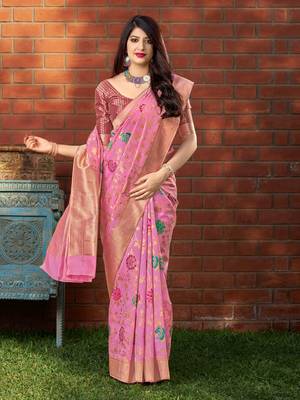 Pink woven banarasi silk saree with blouse 1