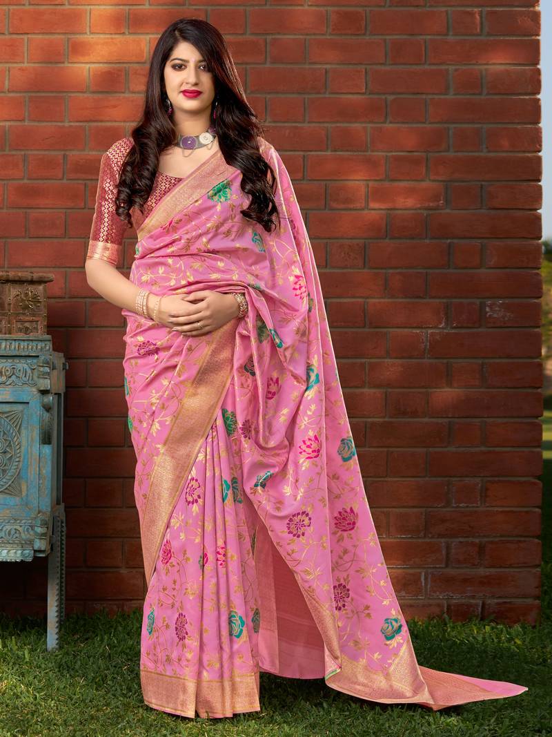 Pink woven banarasi silk saree with blouse