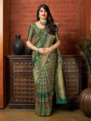 Green woven banarasi silk saree with blouse 1