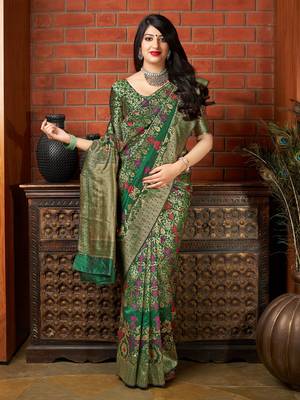 Green woven banarasi silk saree with blouse 2