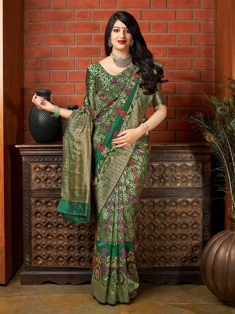 Green woven banarasi silk saree with blouse
