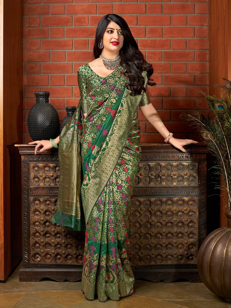 Green woven banarasi silk saree with blouse