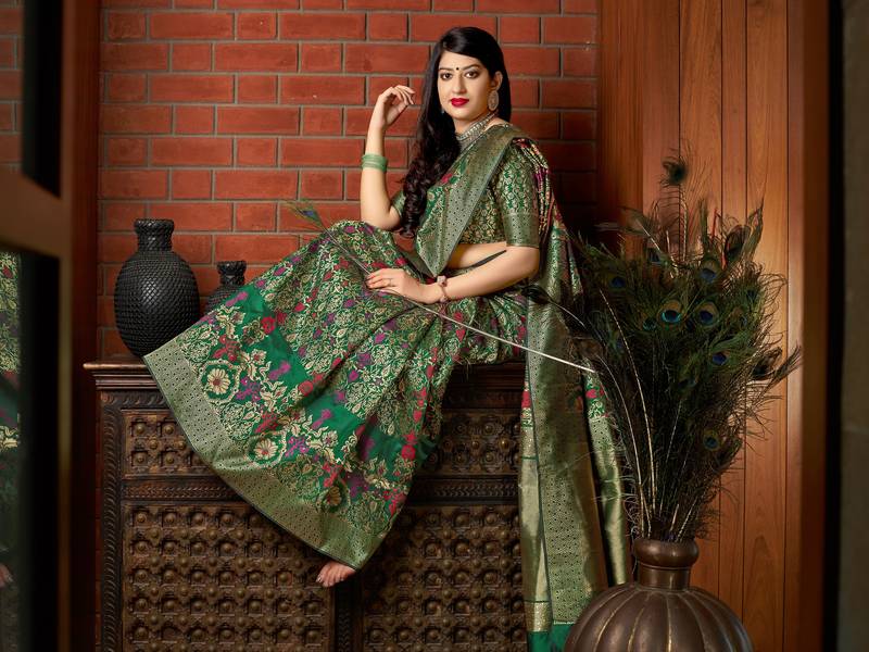 Green woven banarasi silk saree with blouse