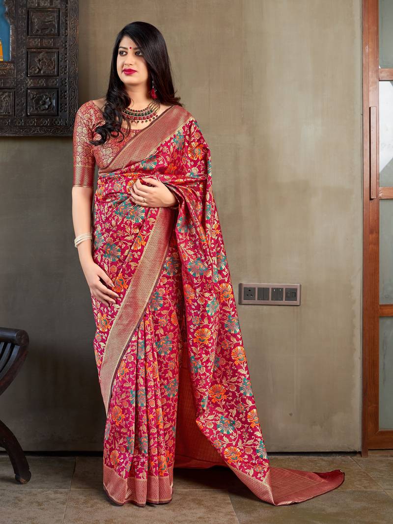 Maroon woven banarasi silk saree with blouse
