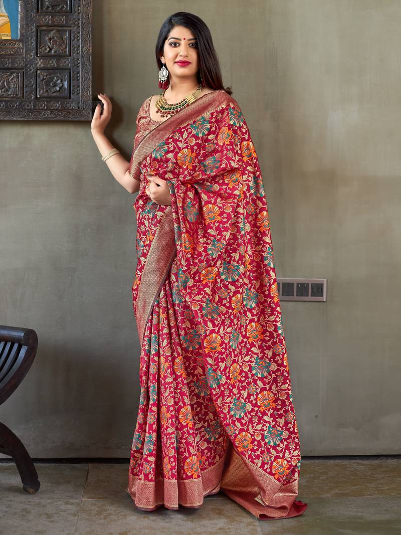 Maroon woven banarasi silk saree with blouse