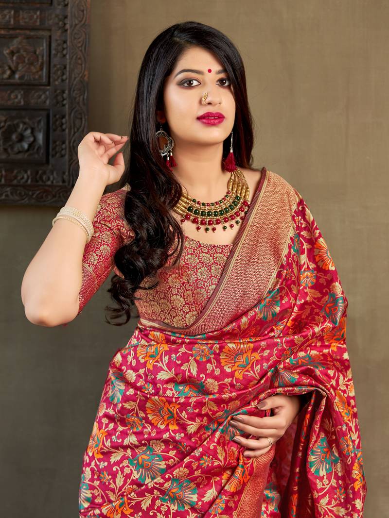 Maroon woven banarasi silk saree with blouse