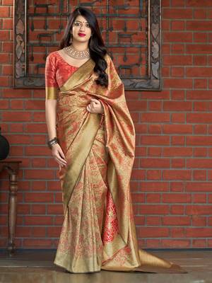 Beige woven banarasi silk saree with blouse 1