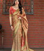 Beige woven banarasi silk saree with blouse
