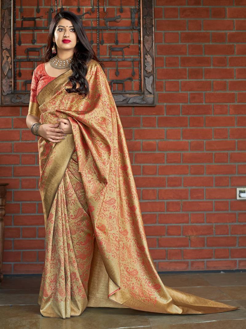 Beige woven banarasi silk saree with blouse