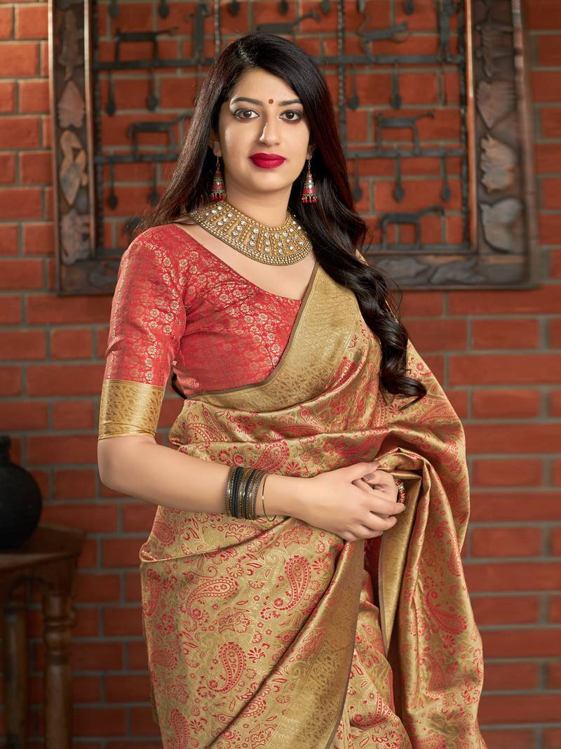 Beige woven banarasi silk saree with blouse