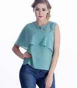 Green plain georgette sleeveless-tops