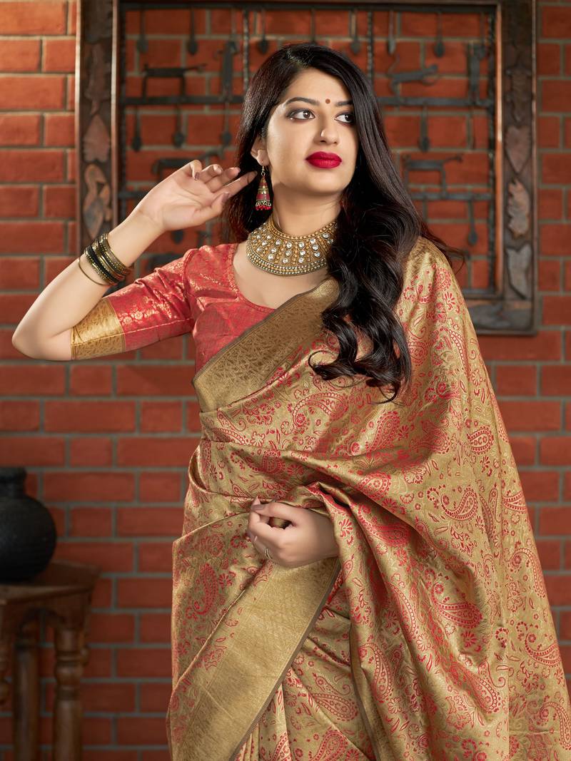 Beige woven banarasi silk saree with blouse