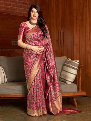 Pink woven banarasi silk saree with blouse 1