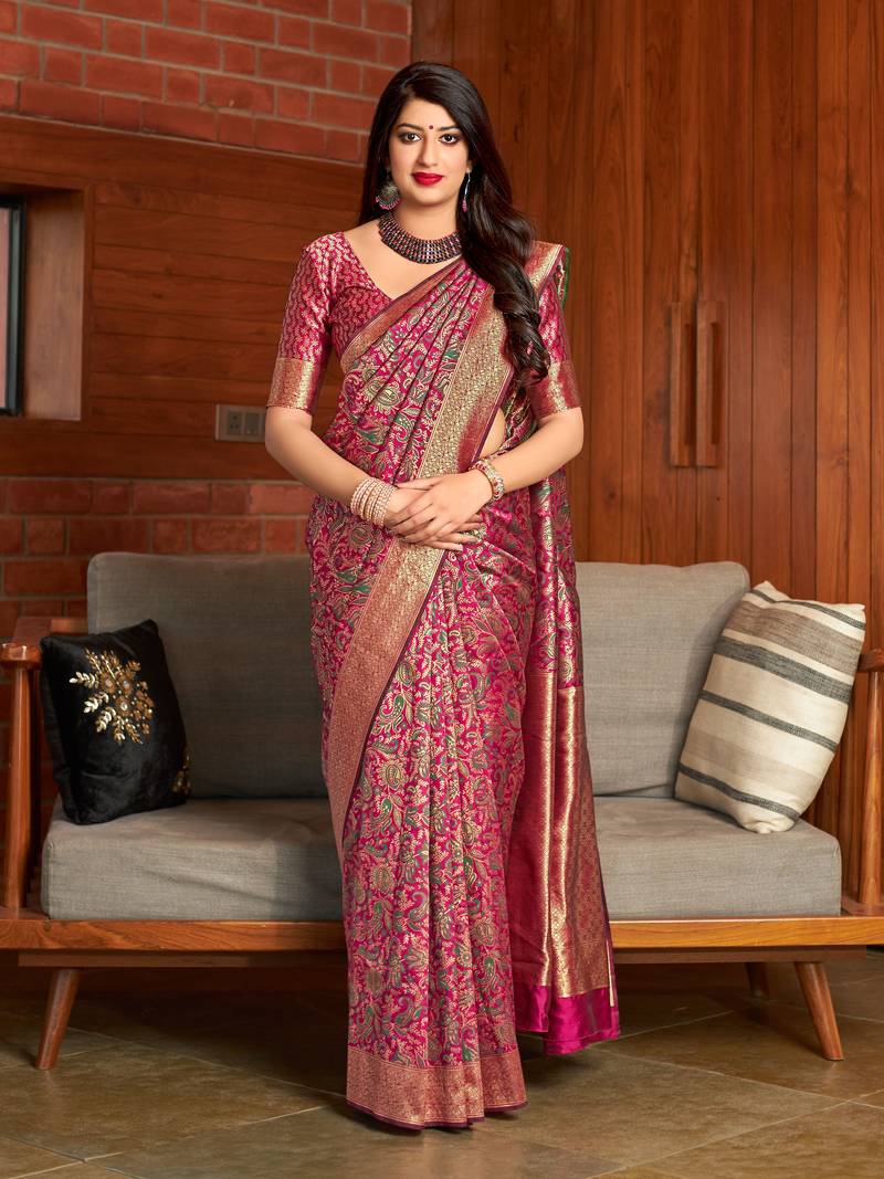 Pink woven banarasi silk saree with blouse