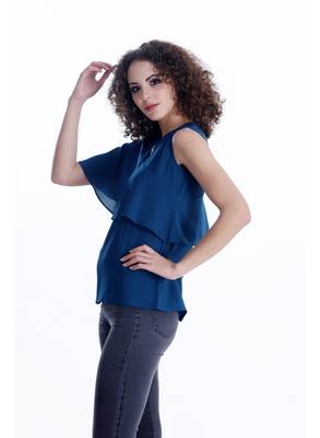 Blue plain georgette sleeveless-tops 4