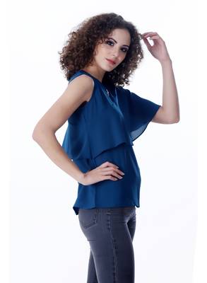 Blue plain georgette sleeveless-tops 5