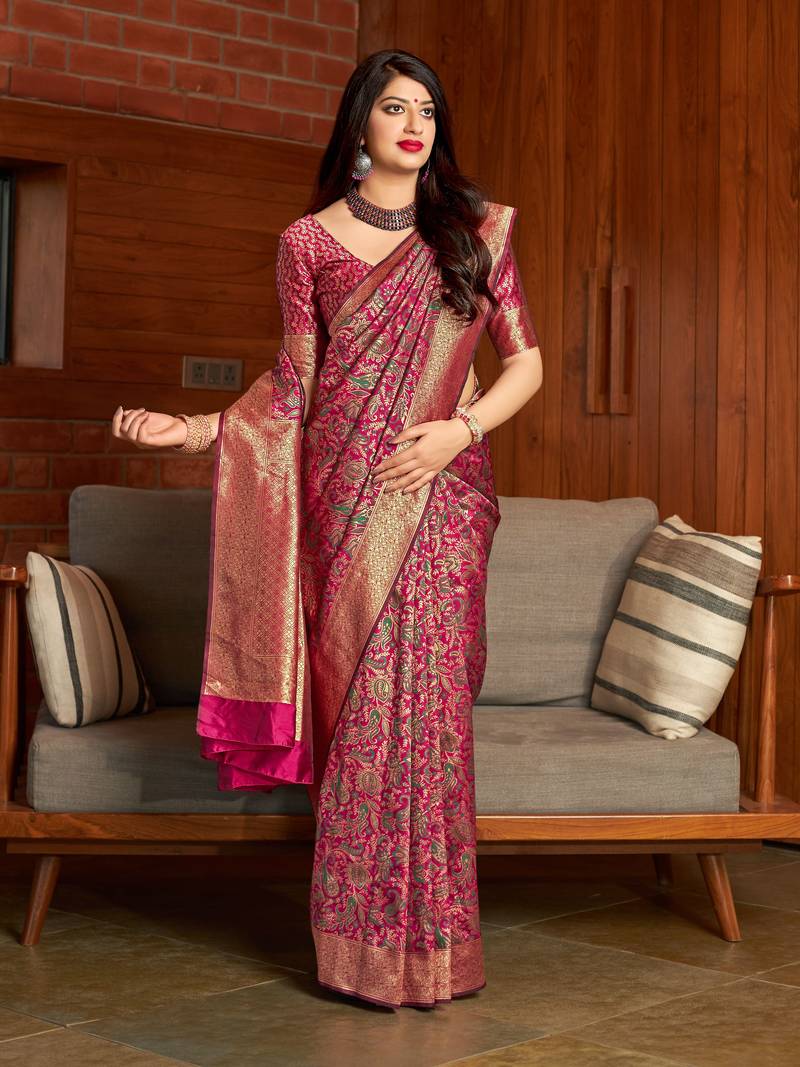 Pink woven banarasi silk saree with blouse