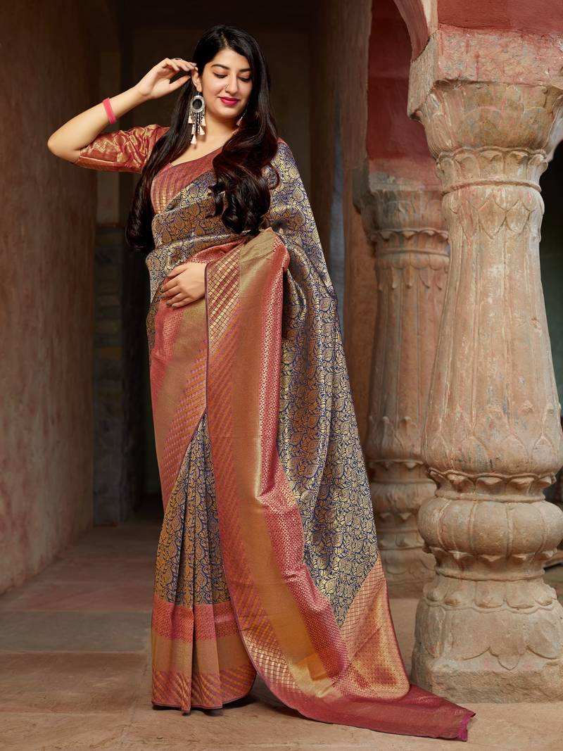 Blue woven banarasi saree with blouse