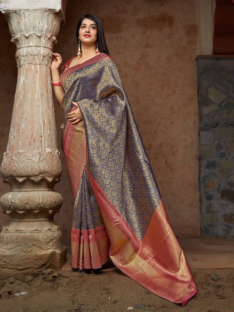 Blue woven banarasi saree with blouse