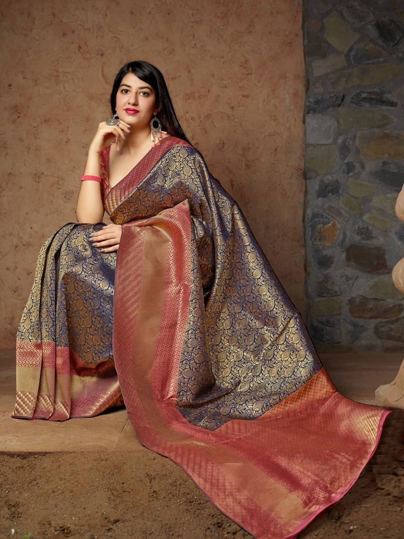 Blue woven banarasi saree with blouse