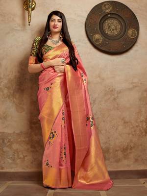 Peach woven banarasi saree with blouse 1