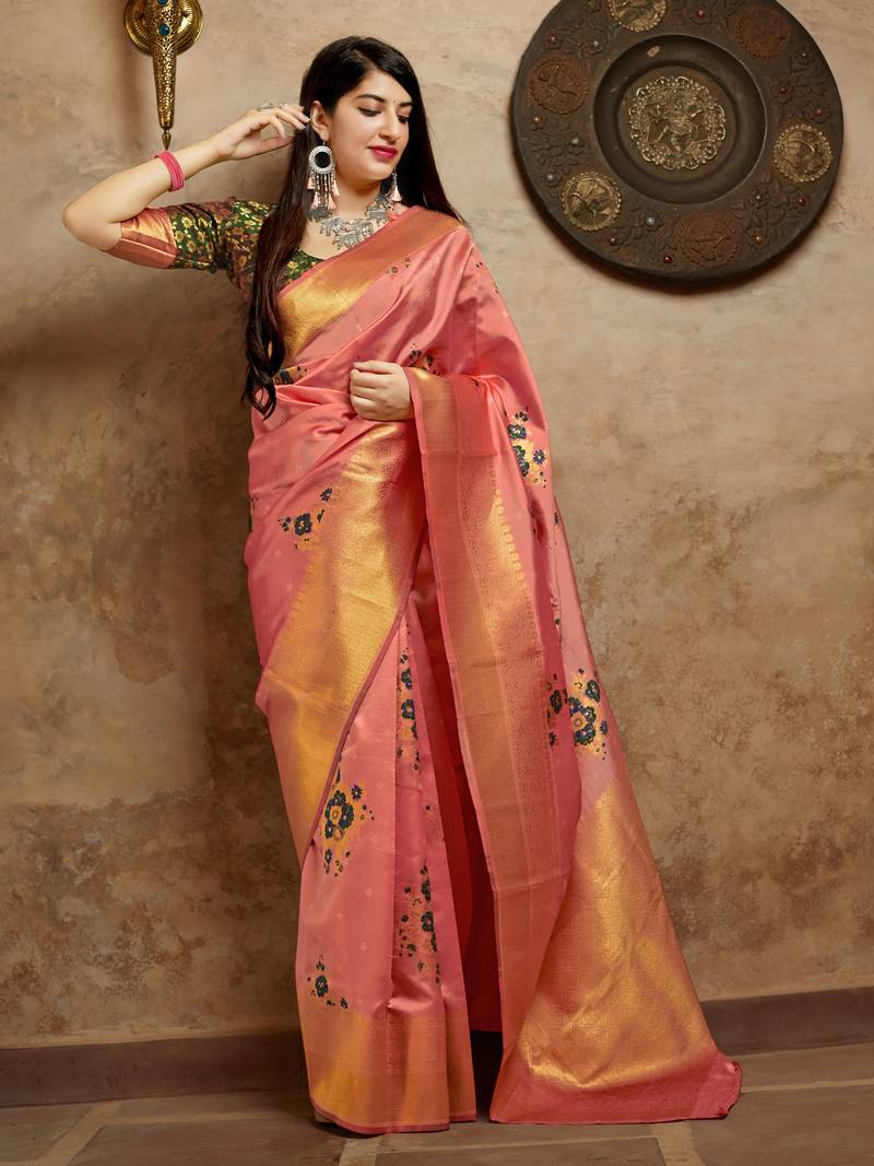 Peach woven banarasi saree with blouse