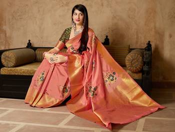 Peach woven banarasi saree with blouse 3